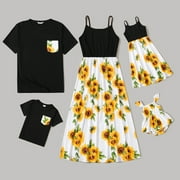 PatPat Family Matching Solid Spaghetti Strap Splicing Sunflower Floral Print Dresses and Short Sleeve T-shirts Sets
