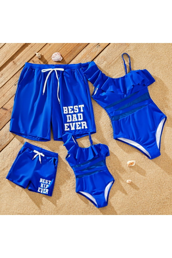 Family Matching Swimsuits Ruffle One-Shoulder Detachable Strap Asymmetrical Swimsuit, Cobalt Blue, Girl 6-7 Years