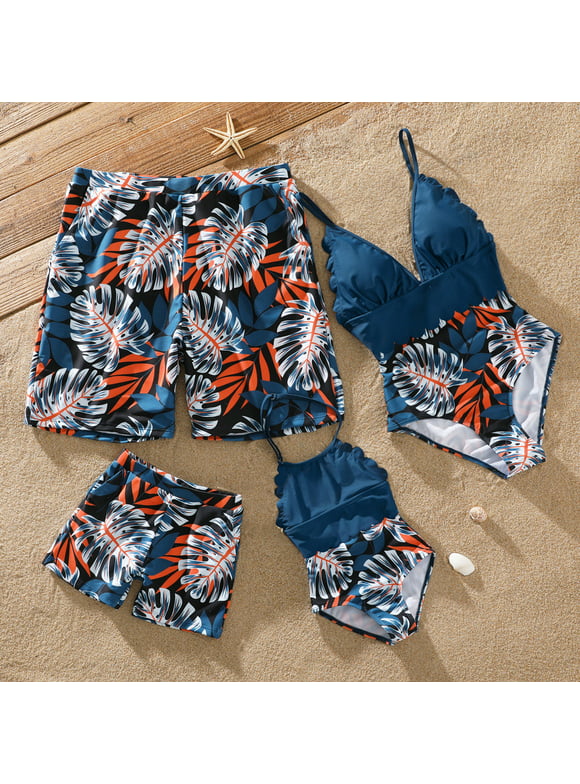 PatPat Family Matching Swimwear Set Palm Leaf Print Bathing Suit,Mommy and Me V Neck Spaghetti Strap One-Piece Swimsuit Father and Son Swim Trunks Beachwear Shorts