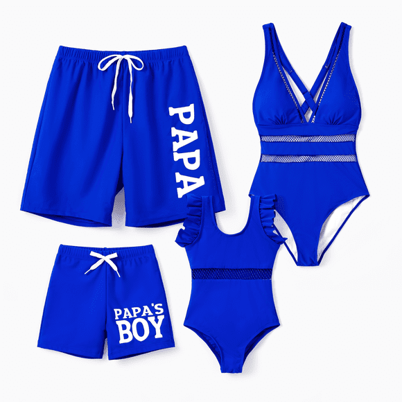 Family Matching Swimsuits Solid Fishnet Spliced One-Piece Swimsuit and Letter Print Swim Trunks Shorts, Prussian Blue, Girl 8-9 Years