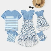 PatPat Family Matching V Neck Flutter-sleeve Splicing Floral Irregular Hem Dresses and Striped T-shirts Sets,One Piece,Sizes Baby-Kids-Adult