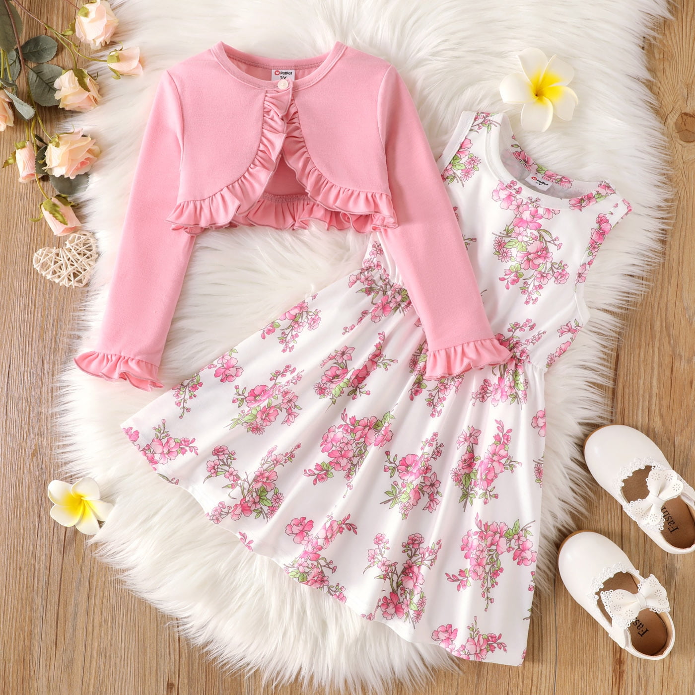 PatPat Floral Girl Dress Toddler Girl Clothes 2pcs Kid Sleeveless Dress and Long Sleeve Ruffled Cardigan Outfits Set, Pink, 3 Years