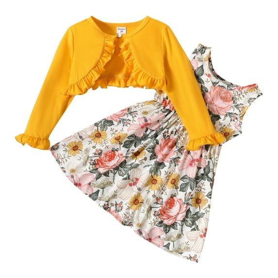 PatPat Floral Girl Dress Toddler Girl Clothes 2pcs Kid Sleeveless Dress and Long Sleeve Ruffled Cardigan Outfits Set, Yellow, 3-4 Years