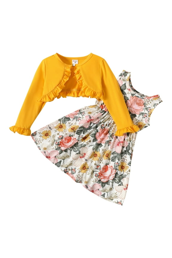 Floral Girl Dress Toddler Girl Clothes 2pcs Kid Sleeveless Dress and Long Sleeve Ruffled Cardigan Outfits Set, Yellow, 3 Years