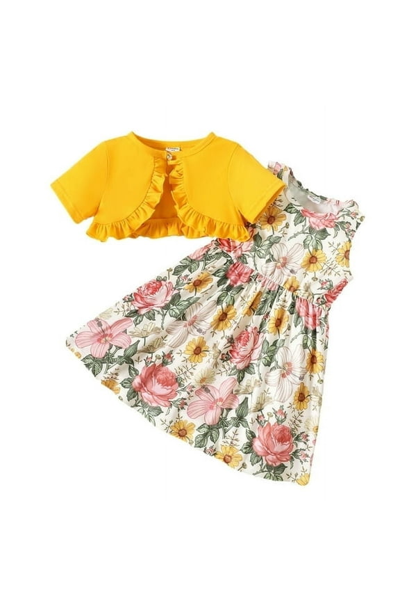 Floral Girl Dress Toddler Girl Clothes 2pcs Kid Sleeveless Dress and Short Sleeve Ruffled Cardigan Outfits Set, Ginger, 18-24 Months