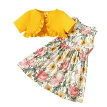 PatPat Floral Girl Dress Toddler Girl Clothes 2pcs Kid Sleeveless Dress and Short Sleeve Ruffled Cardigan Outfits Set, Ginger, 3 Years