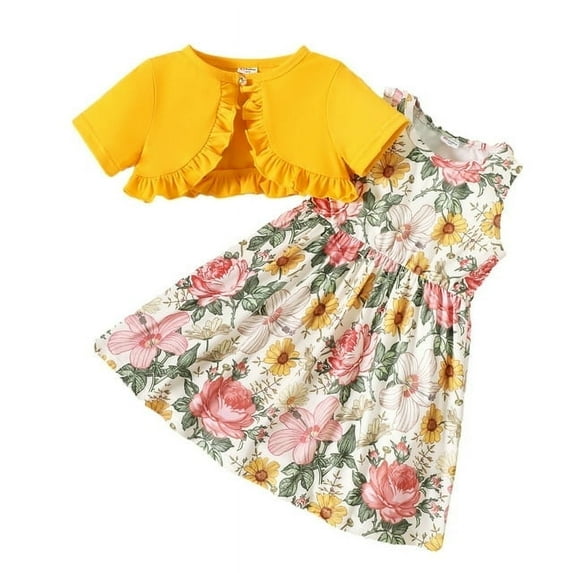 PatPat Floral Girl Dress Toddler Girl Clothes 2pcs Kid Sleeveless Dress and Short Sleeve Ruffled Cardigan Outfits Set, Ginger, 5-6 Years