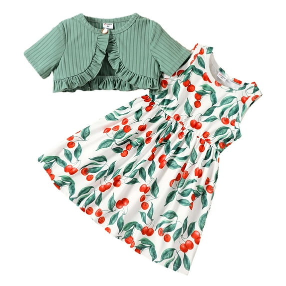 PatPat Floral Girl Dress Toddler Girl Clothes 2pcs Kid Sleeveless Dress and Short Sleeve Ruffled Cardigan Outfits Set, Gray Green, 3 Years