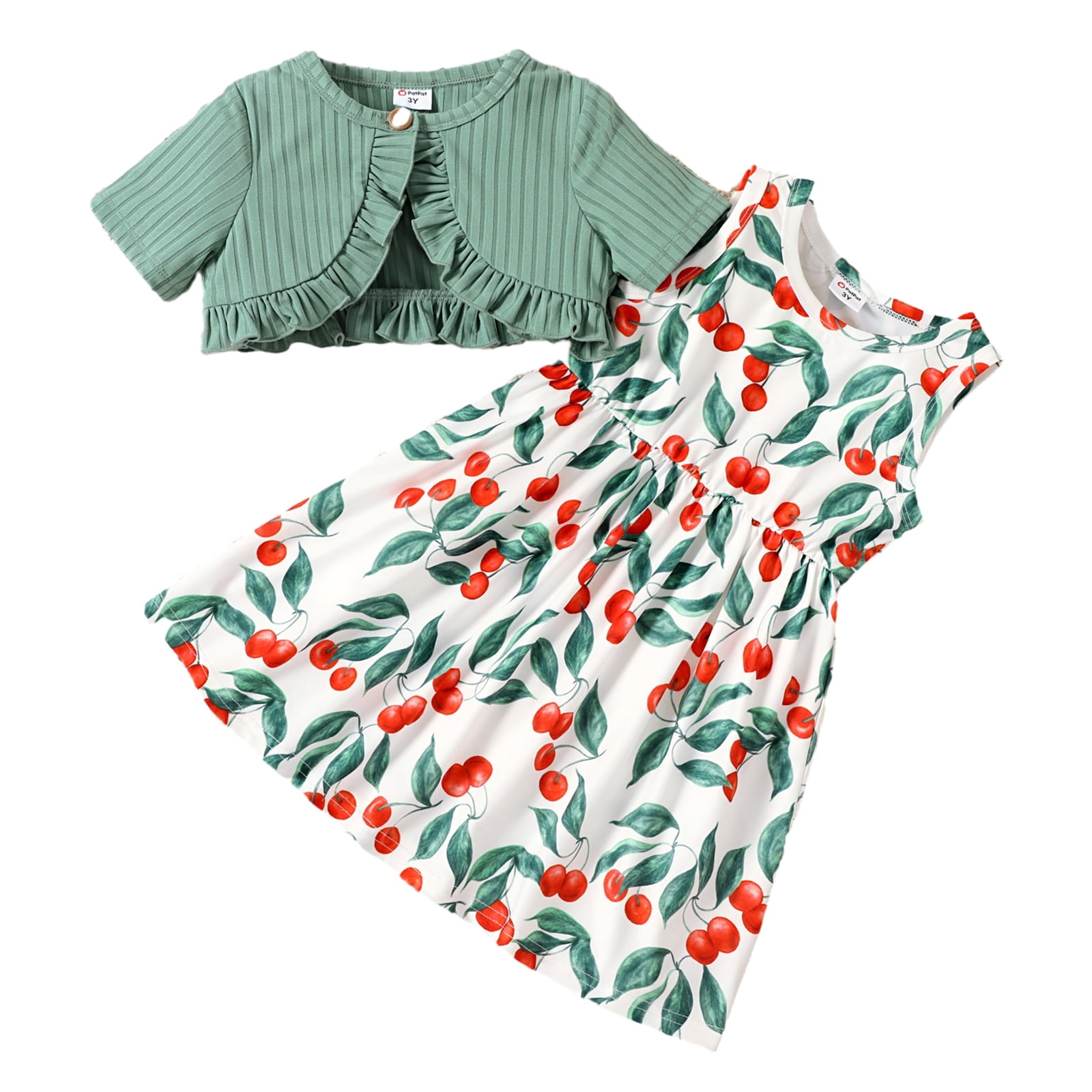 PatPat Floral Girl Dress Toddler Girl Clothes 2pcs Kid Sleeveless Dress and Short Sleeve Ruffled Cardigan Outfits Set, Gray Green, 4-5 Years