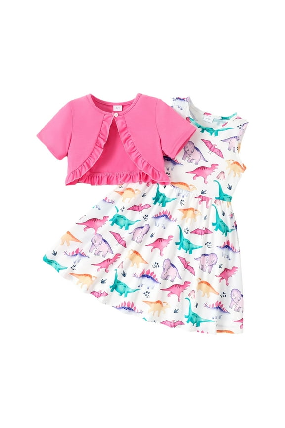 Floral Girl Dress Toddler Girl Clothes 2pcs Kid Sleeveless Dress and Short Sleeve Ruffled Cardigan Outfits Set, Hot Pink, 2 Years