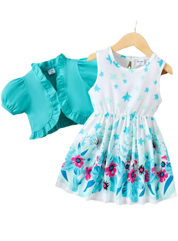 Floral Girl Dress Toddler Girl Clothes 2pcs Kid Sleeveless Dress and Short Sleeve Ruffled Cardigan Outfits Set, Mintblue, 2 Years