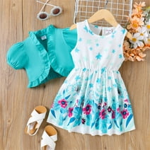PatPat Floral Girl Dress Toddler Girl Clothes 2pcs Kid Sleeveless Dress and Short Sleeve Ruffled Cardigan Outfits Set, Mintblue, 3 Years
