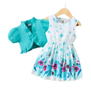 PatPat Floral Girl Dress Toddler Girl Clothes 2pcs Kid Sleeveless Dress and Short Sleeve Ruffled Cardigan Outfits Set, Mintblue, 3 Years