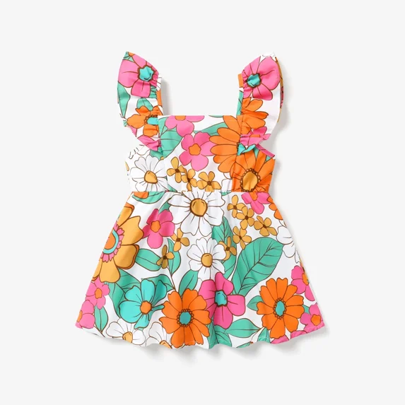 PatPat Floral Girl Dress Toddler Girls Summer Dresses Ruffled One Piece Sleeveless Strap Dress, Multicolor, 18M-6Y, Clearance