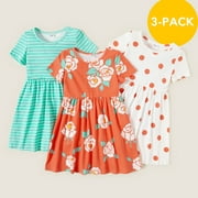PatPat Flower Girls Dresses 3 Pack Toddler Girl Clothes Floral Polka Dot Stripes Short Sleeve Dress Set, Orange & White & Blue, 3-7 Years