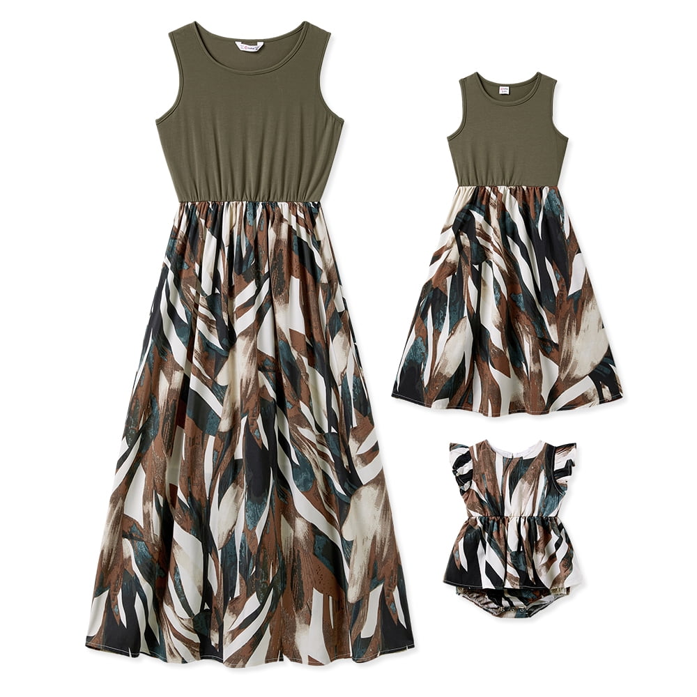 PatPat Girl 89T Dresses Mommy and Me Army Green Tank Top Spliced Floral Dress,Army green