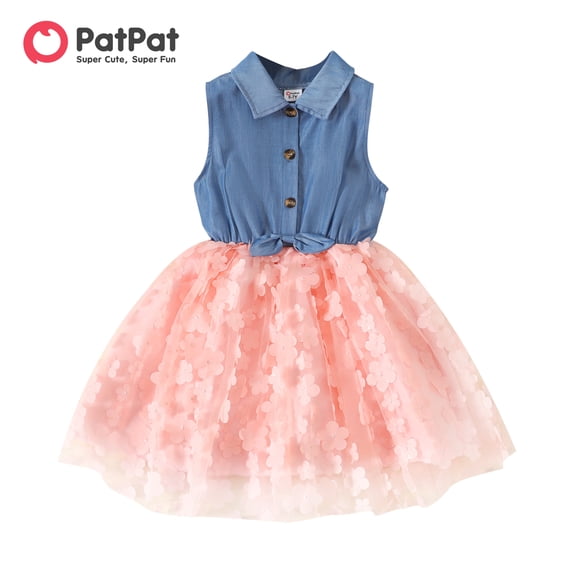 PatPat Girl Dress 3D Floral Denim Mesh Splice Sleeveless Button Front Dress
