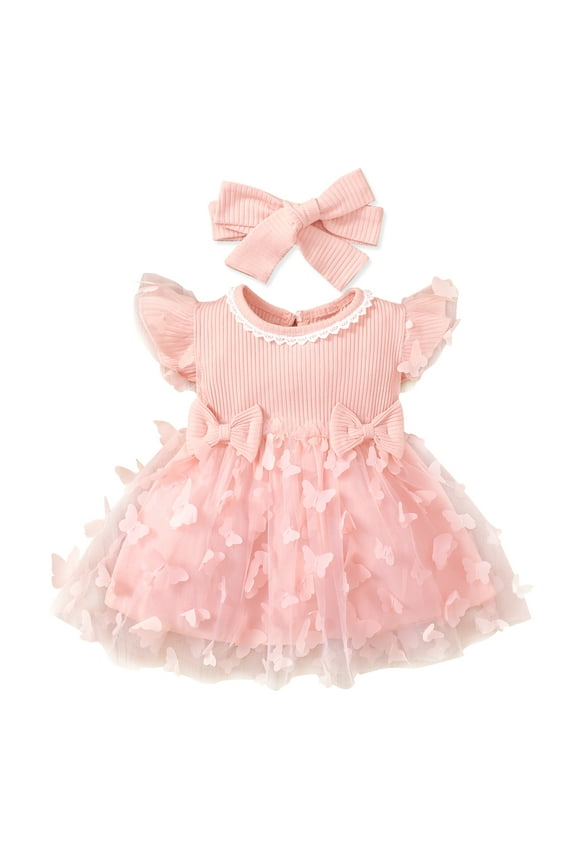 Girl Dress Toddler Infant Baby Girl Clothes Rib 3D Butterfly Party Lace Tutu Dresses Size 18-24 Months