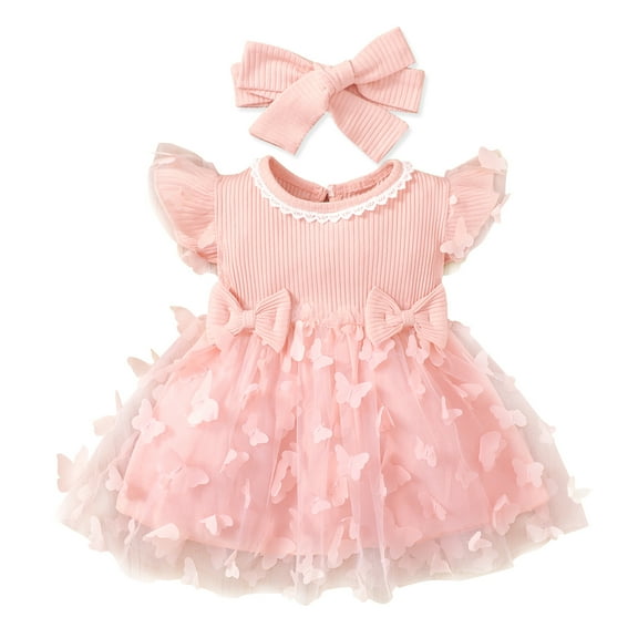 PatPat Girl Dress Toddler Infant Baby Girl Clothes Rib 3D Butterfly Party Lace Tutu Dresses Size 18-24 Months
