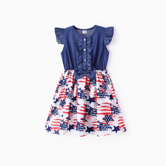 PatPat Girl Dresses Americana Independence Day Ruffled Flutter Sleeve Summer Outfits Sizes 5-12