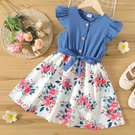 PatPat Girl Dresses Ruffled Floral Splice Belted Flutter Sleeveless Summer Outfits Sizes 4-12
