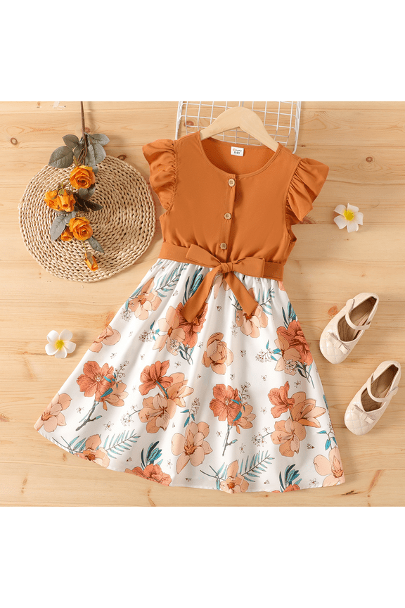 Girl Dresses Ruffled Floral Splice Belted Flutter Sleeveless Summer Outfits Sizes 4-12