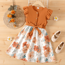 PatPat Girl Dresses Ruffled Floral Splice Belted Flutter Sleeveless Summer Outfits Sizes 4-12