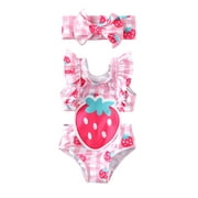 PatPat  Girl Swimming UPF50+ Pink Strawberry One-Piece Baby Girl Swimsuit Set Sizes 3-6 Months