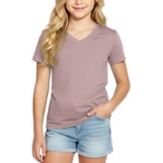 PatPat Girl T Shirts Kids Short Sleeve Solid V-Neck Tee Tops 9-10Y