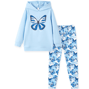 PatPat Girls 2-Piece Set Butterfly Graphic Hoodie and Matching Leggings Blue Long Sleeve Sweatshirt Fall Outfit 7-8Y
