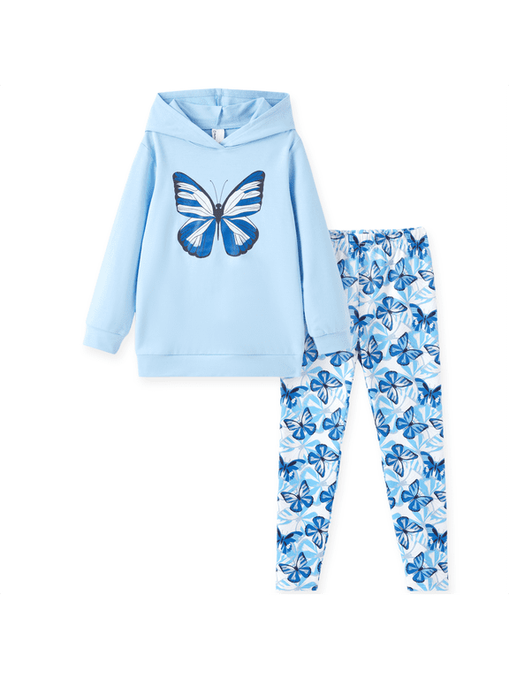 Girls 2-Piece Set Butterfly Graphic Hoodie and Matching Leggings Blue Long Sleeve Sweatshirt Fall Outfit 7-8Y