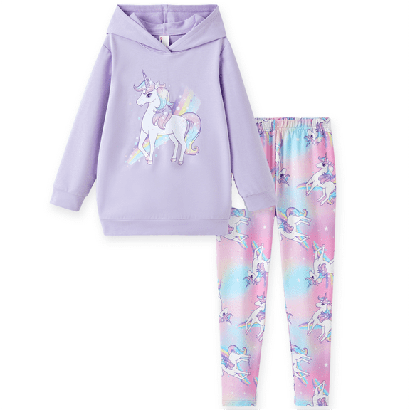 PatPat Girls 2-Piece Set Unicorn Rainbow Graphic Hoodie and Leggings Pastel Tie-dye Long Sleeve Sweatshirt Outfit 8-9Y