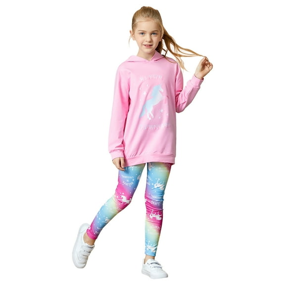 PatPat Girls 2 Pieces Outfit Set Pink Unicorn Hooded Sweatshirts and Leggings Set Sizes 4-12