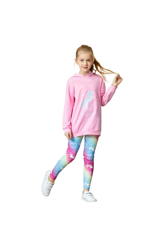 Girls 2 Pieces Outfit Set Pink Unicorn Hooded Sweatshirts and Leggings Set Sizes 4-12