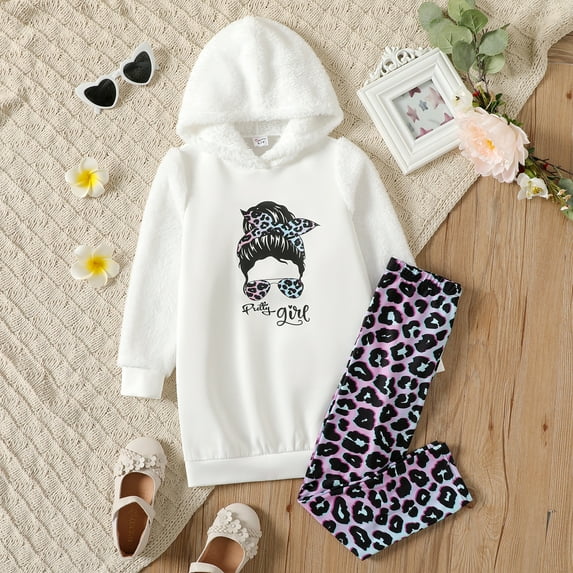 PatPat Girls 2 Pieces Outfit Sets Graphic Fleece Splice Hoodies with Leopard Print Leggings Set Sizes 5-12
