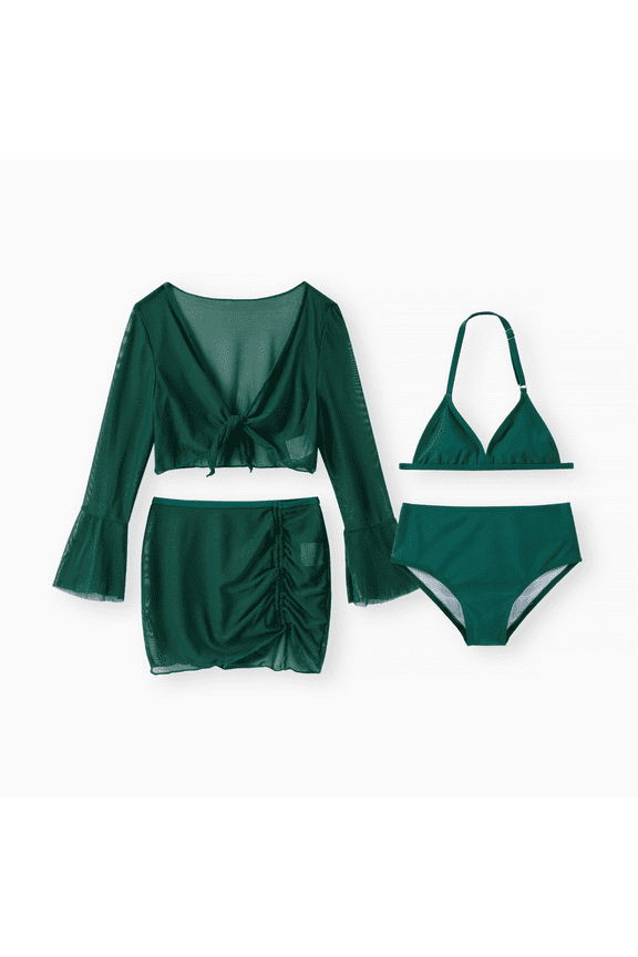Girls Bikinis Dark Green Halter Neck Swimsuit with Matching Cover Up Skirt Set 4 Pieces Set Sizes 5-12