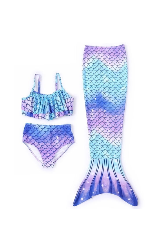 Girls Bikinis Set Ruffled Top and Bottom and Mermaid Tail 3 Pieces Swimsuits Set Sizes 2-8