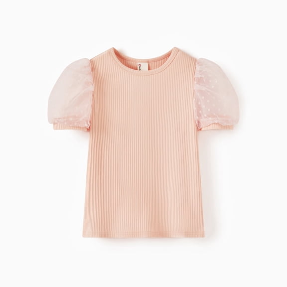 PatPat Girls Bubble Sleeve Swiss Dot Mesh T-Shirt Short Sleeve Crew Neck Solid Color Tops 5-6 Y