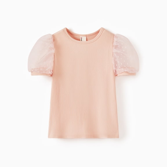 PatPat Girls Bubble Sleeve Swiss Dot Mesh T-Shirt Short Sleeve Crew Neck Solid Color Tops 5-6 Y
