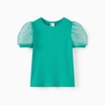 thumbnail image 1 of PatPat Girls Bubble Sleeve Swiss Dot Mesh T-Shirt Short Sleeve Crew Neck Solid Color Tops 7-8 Y, 1 of 6