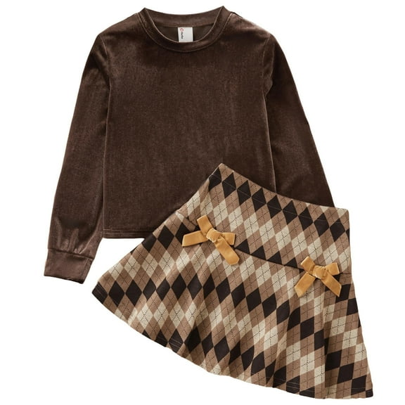 PatPat Girls Clothes Long Sleeve Skirt Set Velvet Crop Top and Bows Plaid Dress 2-Piece School Outfit Coffee Holidays Sizes 4-12Y