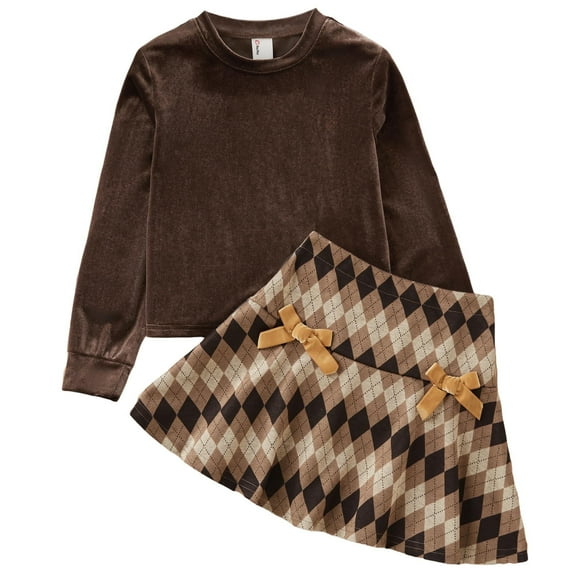 PatPat Girls Clothes Long Sleeve Skirt Set Velvet Crop Top and Bows Plaid Dress 2-Piece School Outfit Coffee Holidays Sizes 4-12Y