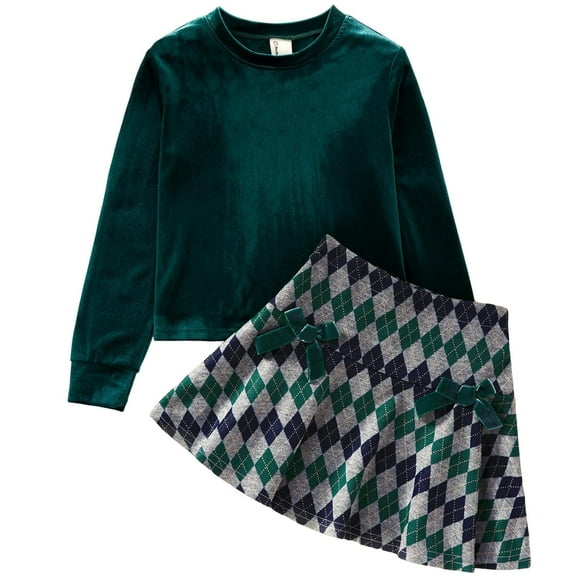 PatPat Toddler Girls Clothes Long Sleeve Skirt Set Velvet Crop Top and Bows Plaid Dress 2-Piece School Outfit Green Holidays Sizes 4-12Y