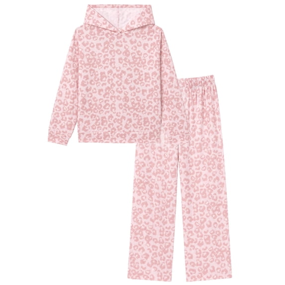 PatPat Girls Clothes 2 Piece Hoodie Outfit Set Leopard Print Sweatshirt Pants Pink 7-8Y