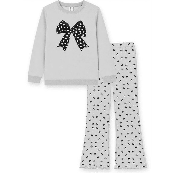 PatPat Girls Clothes 2 Piece Outfit Set Long Sleeve Bow Graphic Top Flare Pants Gray 10-11Y