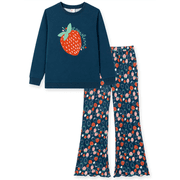 PatPat Girls Clothes 2 Piece Outfit Set Long Sleeve Strawberry Graphic Top Flare Pants Blue 7-8Y