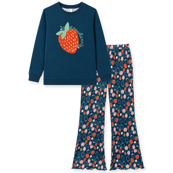 PatPat Girls Clothes 2 Piece Outfit Set Long Sleeve Strawberry Graphic Top Flare Pants Blue 7-8Y