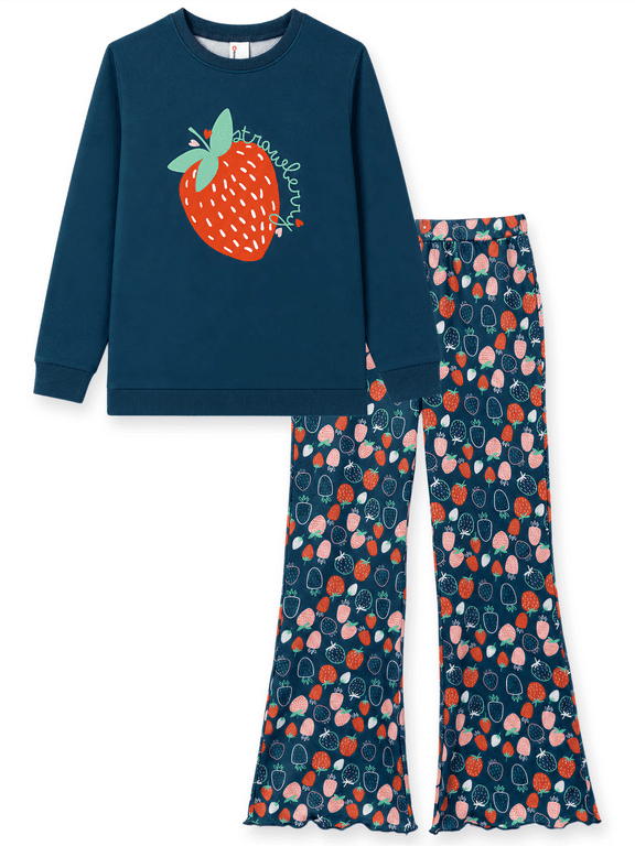 Girls Clothes 2 Piece Outfit Set Long Sleeve Strawberry Graphic Top Flare Pants Blue 7-8Y