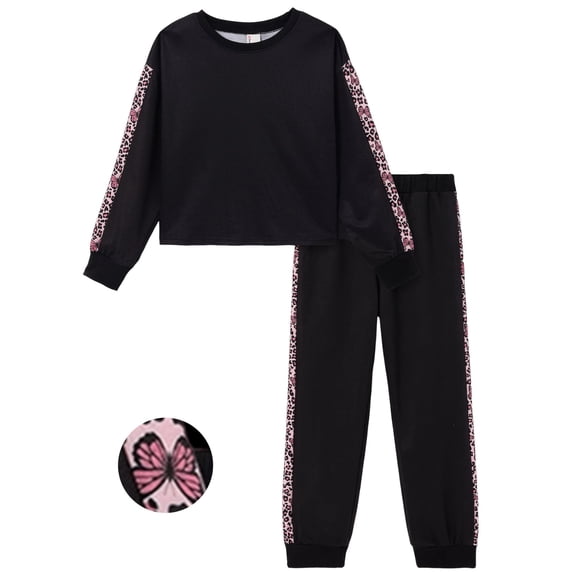 PatPat Girls Clothes 2 Piece Outfit Set Long Sleeve Top Pants Leopard Side Print Black 9-10Y