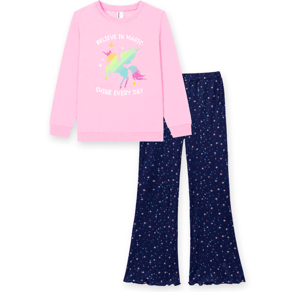 PatPat Girls Clothes 2 Piece Outfit Set Long Sleeve Unicorn Graphic Top Flare Pants Pink 11-12Y